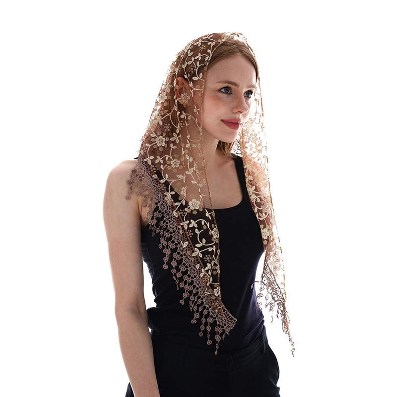 LMVERNA Triangle Floral Veils Tulle Scarf Head Covering for Church (Nude) - Image 2